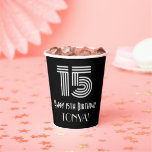 [ Thumbnail: 15th Birthday — Art Deco Inspired Look “15” + Name Paper Cups ]
