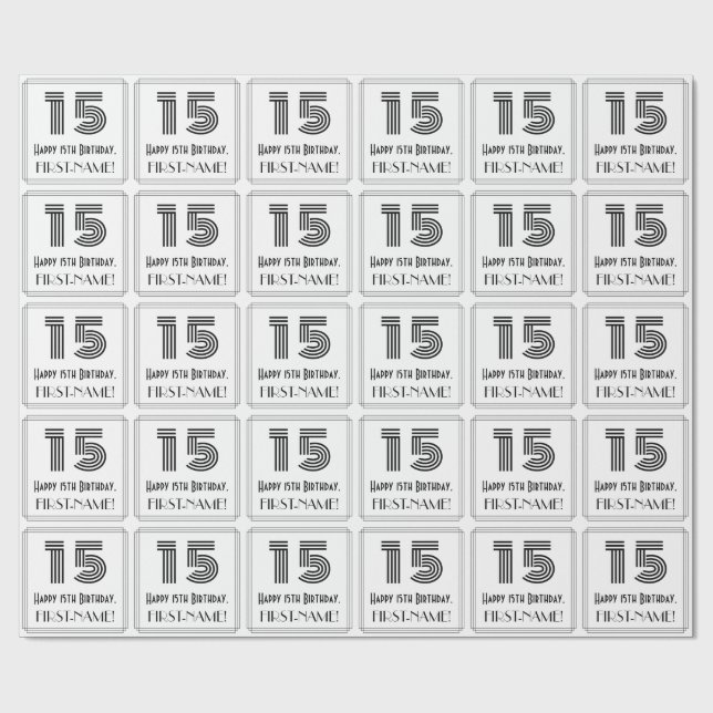 15th Birthday: Art Deco Inspired Style "15" + Name Wrapping Paper (Flat)
