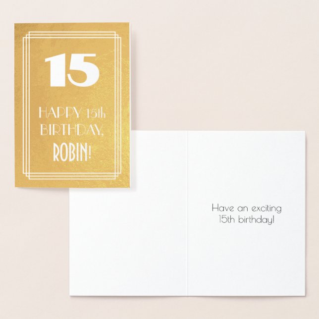 15th Birthday ~ Art Deco Style "15" & Custom Name Foil Card (Display)