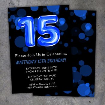 15th Birthday Balloons Kids Blue Boy Party Invitation by WittyPrintables at Zazzle