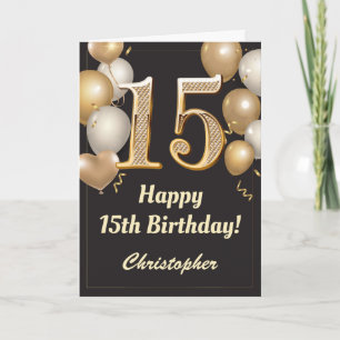 15th Birthday Black and Gold Balloons Confetti Card