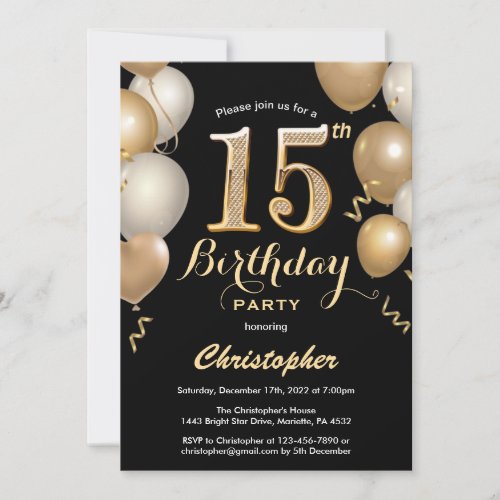15th Birthday Black and Gold Balloons Confetti Invitation