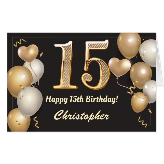 15th Birthday Black and Gold Balloons Extra Large Card (Front Horizontal)