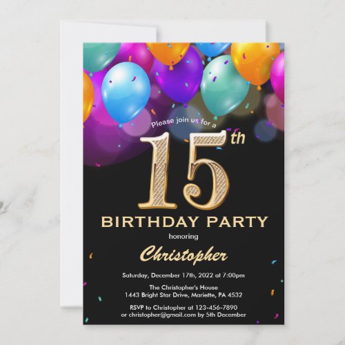 15th Birthday Black and Gold Colorful Balloons Invitation