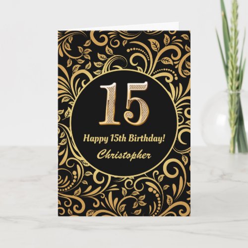 15th Birthday Black and Gold Floral Pattern Card