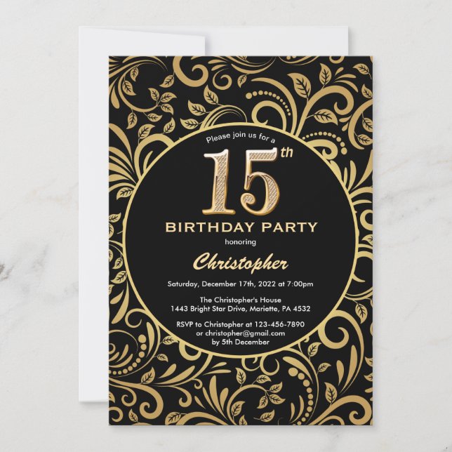 15th Birthday Black and Gold Floral Pattern Invitation (Front)
