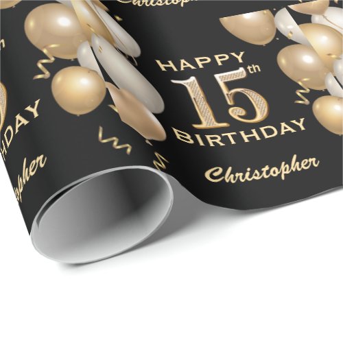 15th Birthday Black and Gold Glitter Balloons Wrapping Paper