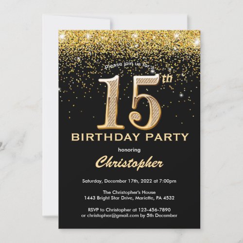15th Birthday Black and Gold Glitter Confetti Invitation
