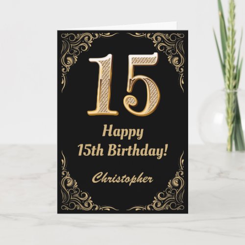 15th Birthday Black and Gold Glitter Frame Card