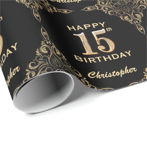 15th Birthday Black and Gold Glitter Frame Wrapping Paper
