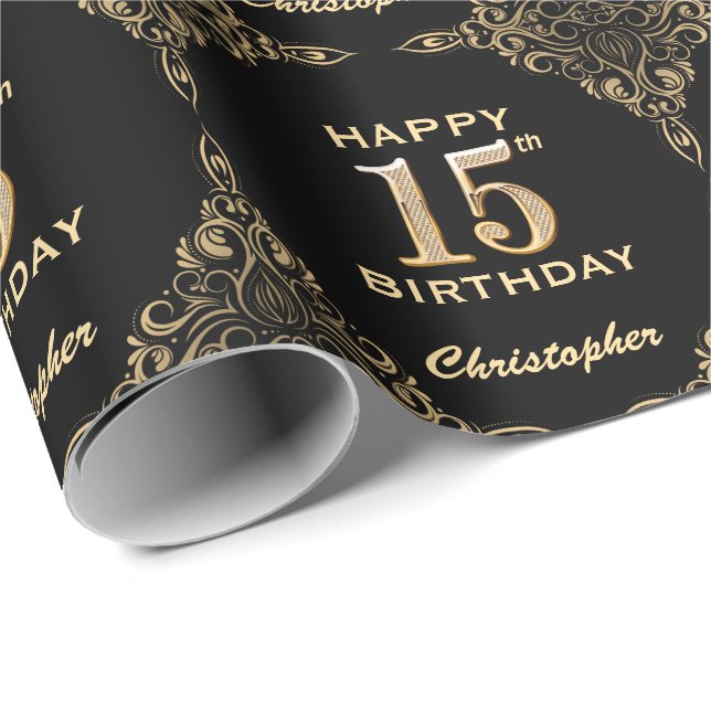 15th Birthday Black and Gold Glitter Frame Wrapping Paper (Roll Corner)