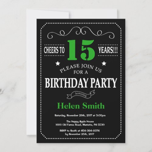 15th Birthday Black and Green Chalkboard Invitation