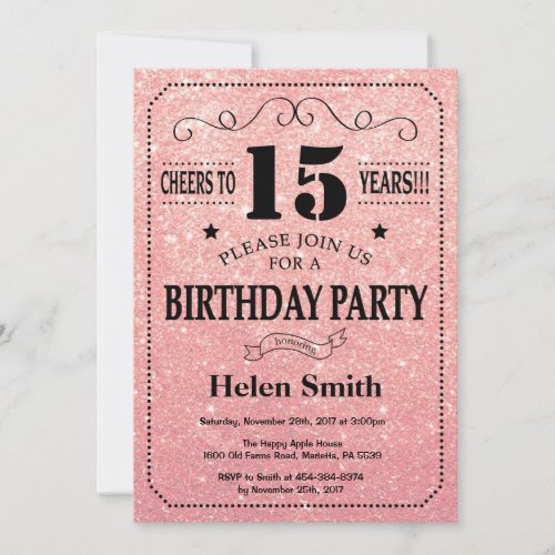 15th Birthday Black and Pink Rose Gold Glitter Invitation