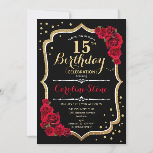15th Birthday _ Black Gold Red Roses Invitation