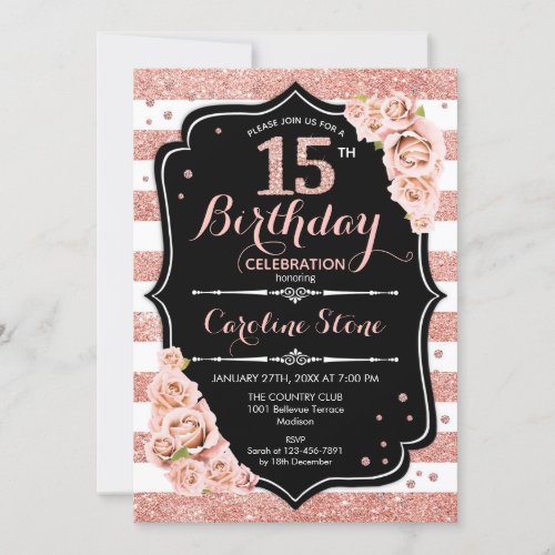 15th Birthday Black Rose Gold and White Stripes Invitation