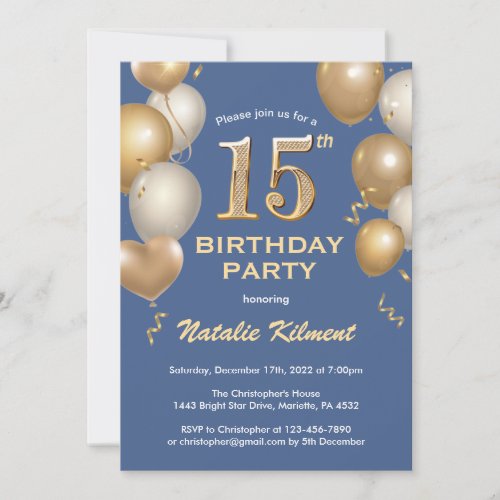 15th Birthday Blue and Gold Glitter Balloons Invitation