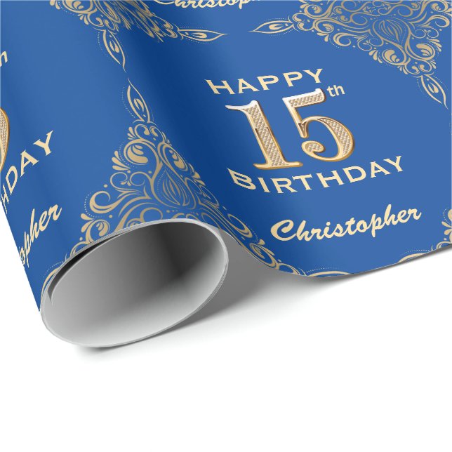 15th Birthday Blue and Gold Glitter Frame Wrapping Paper (Roll Corner)