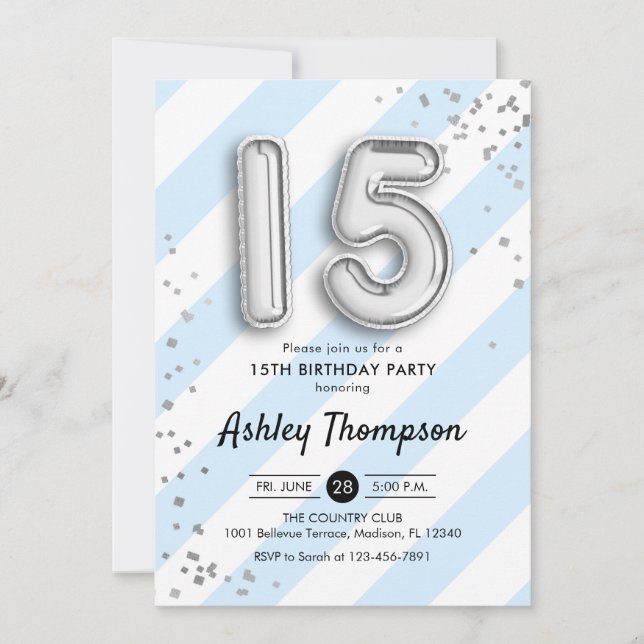 15th Birthday -  Blue Stripes Silver Balloons Invitation (Front)