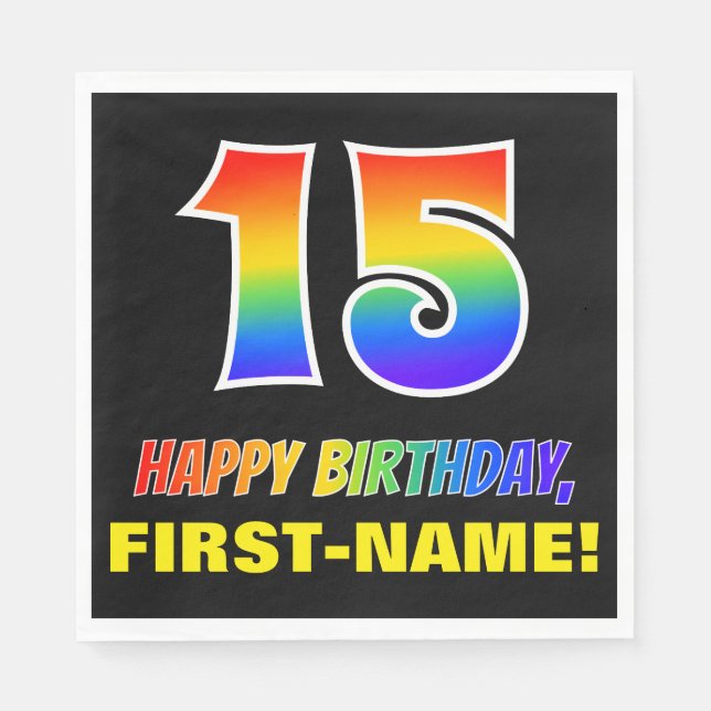 15th Birthday: Bold, Fun, Simple, Rainbow 15 Napkins (Front)