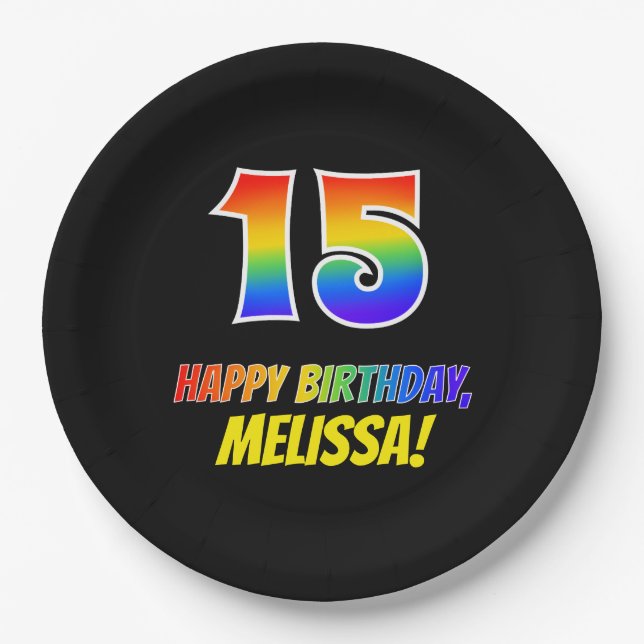 15th Birthday: Bold, Fun, Simple, Rainbow 15 Paper Plates (Front)