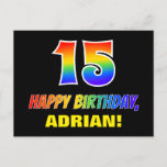 [ Thumbnail: 15th Birthday: Bold, Fun, Simple, Rainbow 15 Postcard ]