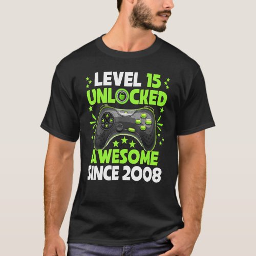15th Birthday Boy Level 15 Unlocked Awesome 2008 V T_Shirt