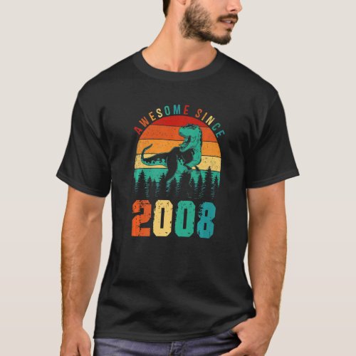 15th Birthday Boys Awesome Since 2008 Dinosaur Boy T_Shirt