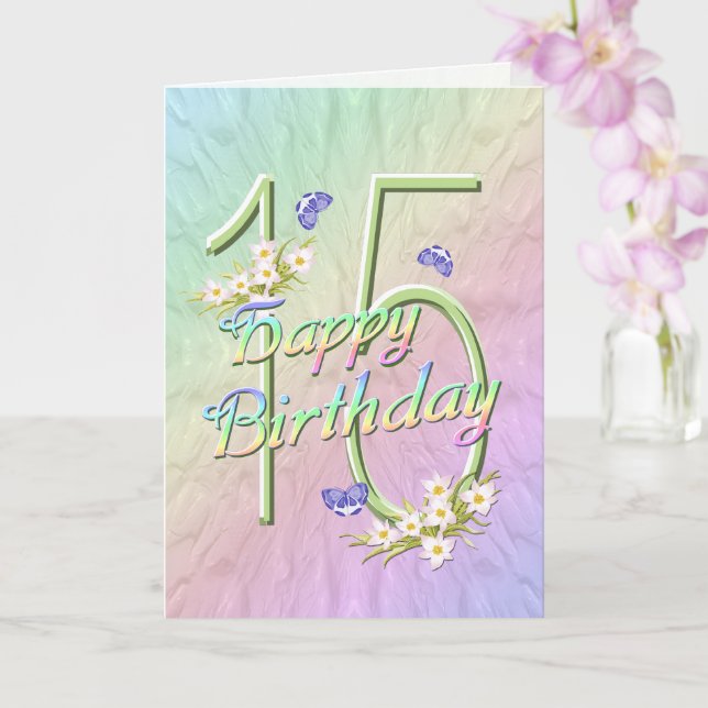 15th Birthday Butterflies and Flowers Card (Orchid)