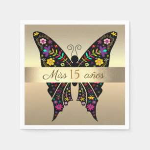 15th Birthday , Colorful Butterfly Gold Foil Napkins