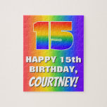[ Thumbnail: 15th Birthday: Colorful, Fun Rainbow Pattern # 15 Jigsaw Puzzle ]