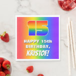 [ Thumbnail: 15th Birthday: Colorful, Fun Rainbow Pattern # 15 Napkins ]