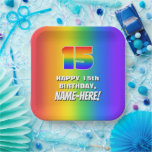[ Thumbnail: 15th Birthday: Colorful, Fun Rainbow Pattern # 15 Paper Plates ]
