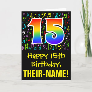 15th Birthday: Colorful Music Symbols + Rainbow 15 Card