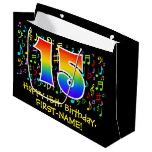15th Birthday - Colorful Music Symbols, Rainbow 15 Large Gift Bag