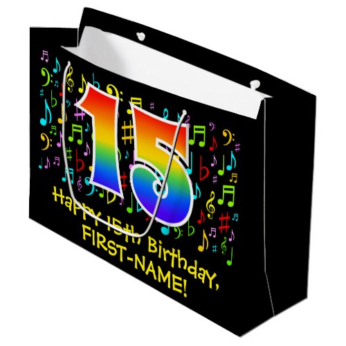 15th Birthday _ Colorful Music Symbols Rainbow 15 Large Gift Bag
