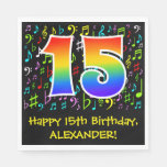 [ Thumbnail: 15th Birthday - Colorful Music Symbols, Rainbow 15 Napkins ]