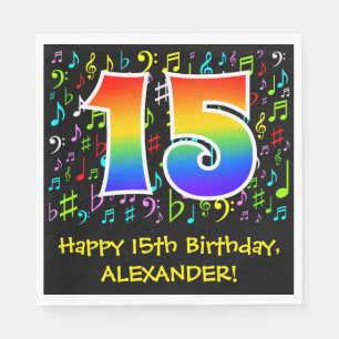 15th Birthday - Colorful Music Symbols, Rainbow 15 Napkins