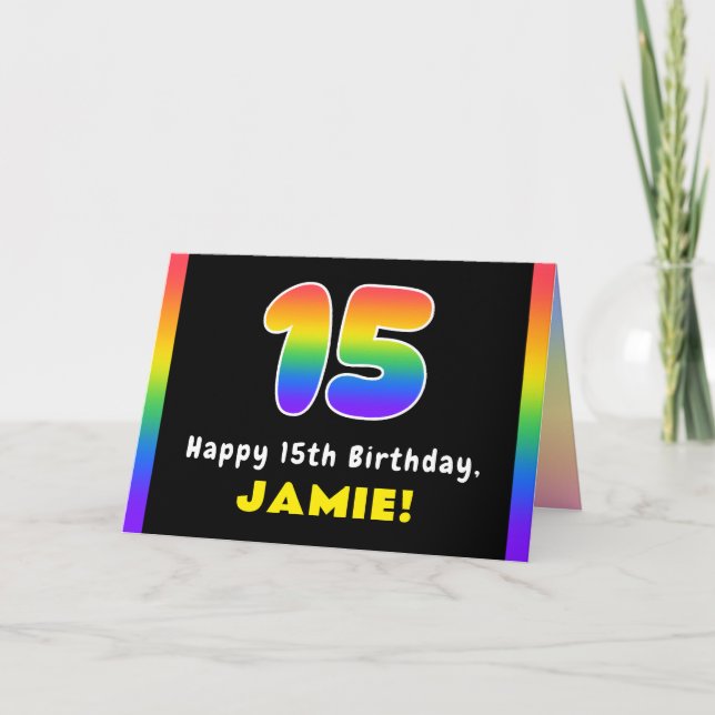 15th Birthday: Colorful Rainbow # 15, Custom Name Card (Front)