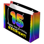 [ Thumbnail: 15th Birthday: Colorful Rainbow # 15, Custom Name Gift Bag ]