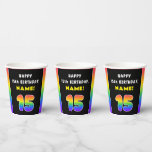 [ Thumbnail: 15th Birthday: Colorful Rainbow # 15, Custom Name Paper Cups ]