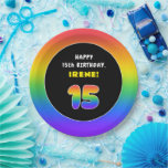 [ Thumbnail: 15th Birthday: Colorful Rainbow # 15, Custom Name Paper Plates ]