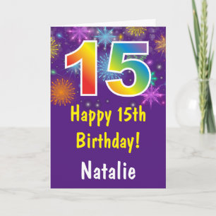 15th Birthday Colorful Rainbow Fireworks Purple Card