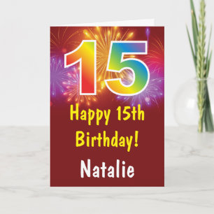 15th Birthday Colorful Rainbow Fireworks Red Card