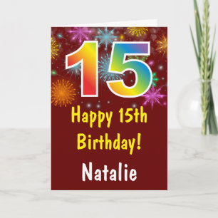 15th Birthday Colorful Rainbow Fireworks Red Card