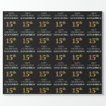 [ Thumbnail: 15th Birthday: Elegant, Black, Faux Gold Look Wrapping Paper ]