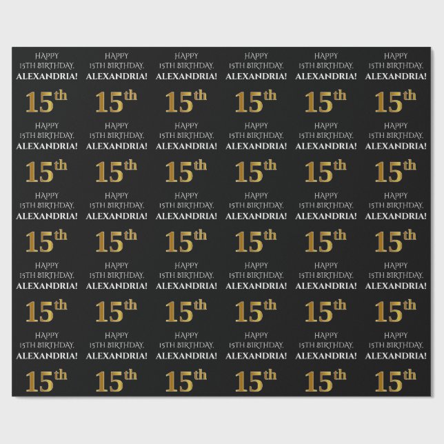 15th Birthday: Elegant, Black, Faux Gold Look Wrapping Paper (Flat)