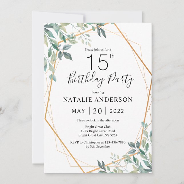 15th Birthday Elegant Eucalyptus Greenery and Gold Invitation (Front)