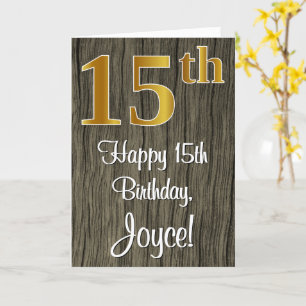 15th Birthday: Elegant Faux Gold Look #, Faux Wood Card