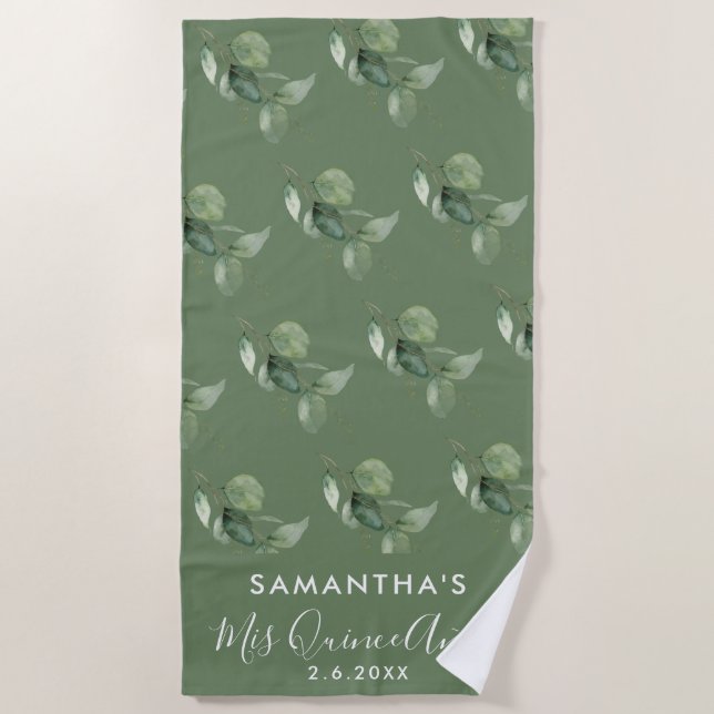 15th Birthday Eucalyptus Greenery Quinceanera Beach Towel (Front)