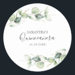 15th Birthday Eucalyptus Greenery Quinceanera Classic Round Sticker<br><div class="desc">TIP: Matching items available in this collection. Our botanical eucalyptus birthday collection features watercolor foliage and modern typography in dark gray text. Use the "Customize it" button to further re-arrange and format the style and placement of text. Could easily be repurpose for other special events like anniversaries, baby shower, birthday...</div>